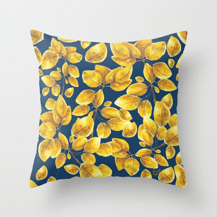 Tree leaves, Golden leaves, Bleu deep, pillows,Watercolor, Sweet watercolor artwork, Tremble tree leaves, Illustration