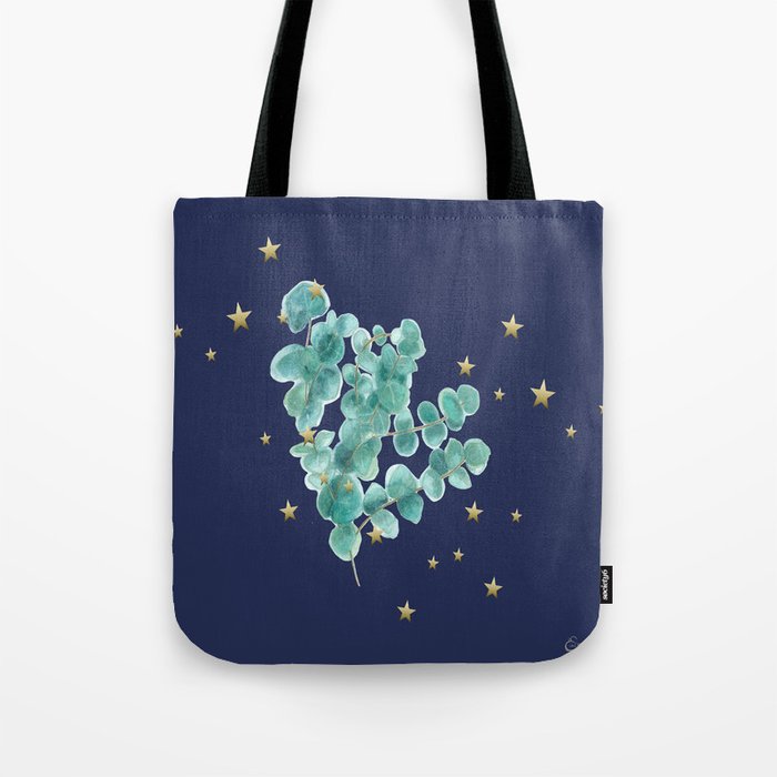 Eucalyptus branch, Golden Star, Deep blue, Tote bag,Sweet branch of eucalyptus, watercolor, aquarelle