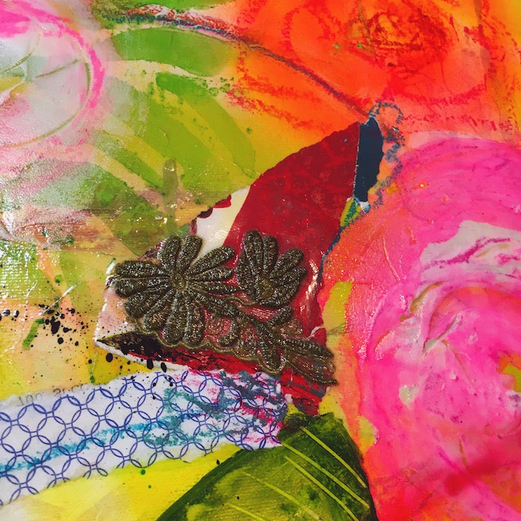 Joy full artwork, floral, abstract floral, street art style, cool artwork, home decor, green, rose, orange, turquoise