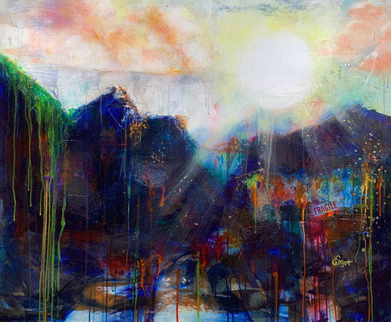 Abstract landscape, mixed media artwork, collage, Sunset, Mindvalley, Sun, Light, Hope, Joy,