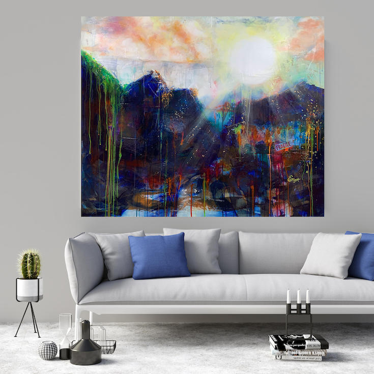 Abstract landscape, mixed media artwork, Mindvalley, collage, Sunset, Sun, Light, Hope, Joy,